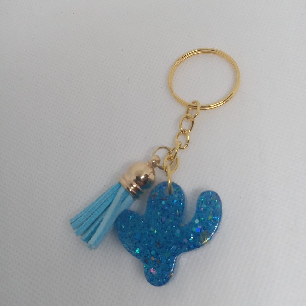 Blue Glitter Cactus Keychain with Tassel